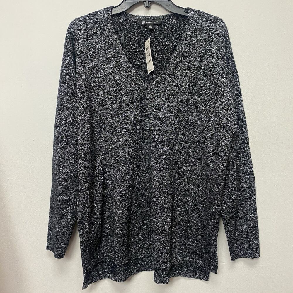 INC International Concepts Lurex V-Neck Step-Hem Sweater Size Large Black Silver